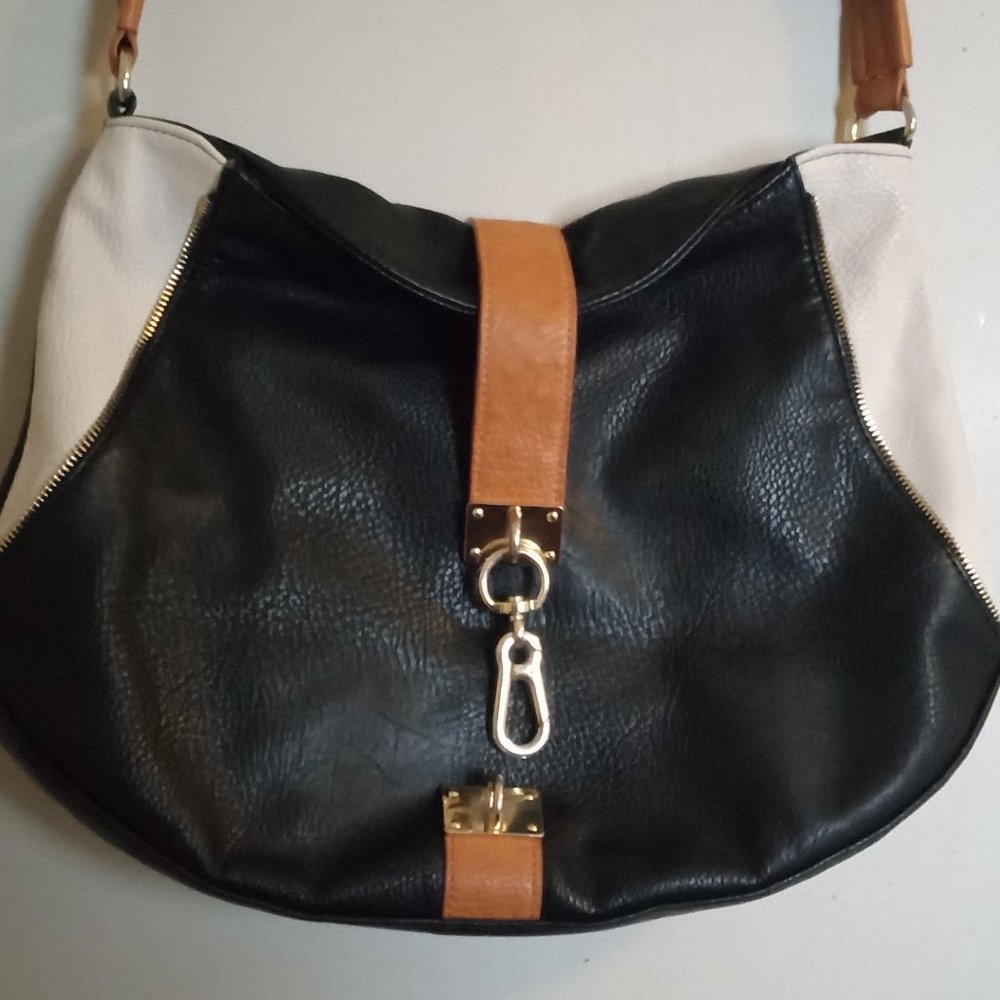 Genuine Olivia & Joy Shoulder Bag Purse Faux Leather Black & Cream Color 16"x11"